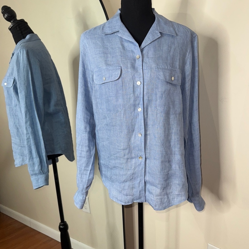 Jones New York Country Linen Button Down Top Blue Size 8